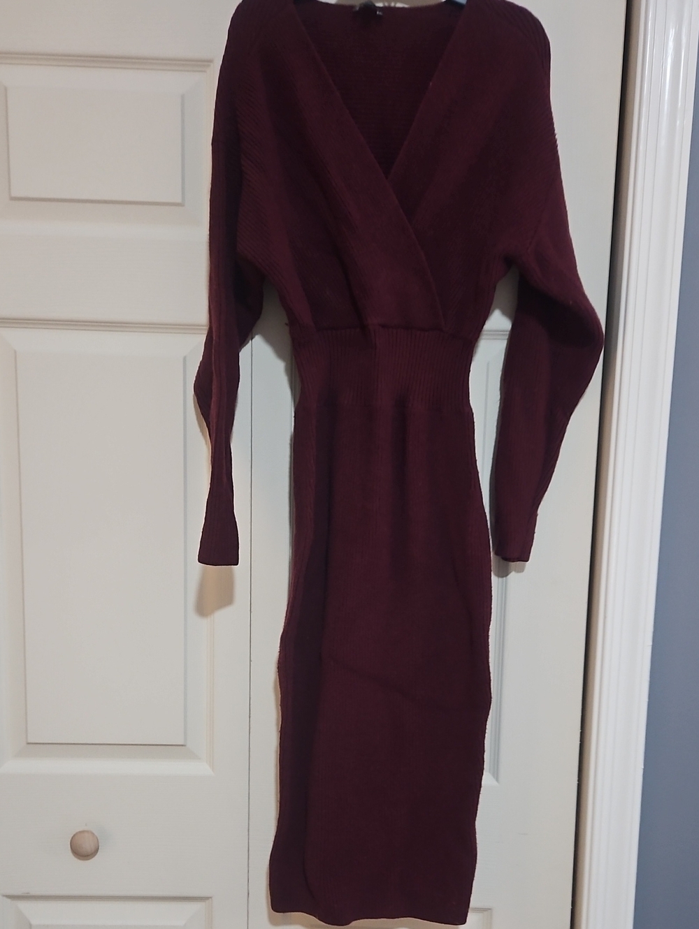 Express Burgundy Long Sleeve Ribbed Wrap Midi Dress